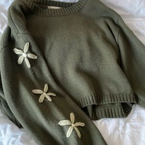 Olive Green Sweater with Floral Accents